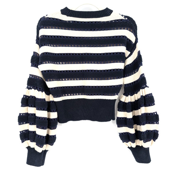 Self-Portrait Striped Balloon Sleeve Cropped Sweater Navy White Small Prep Twee - Picture 9 of 15